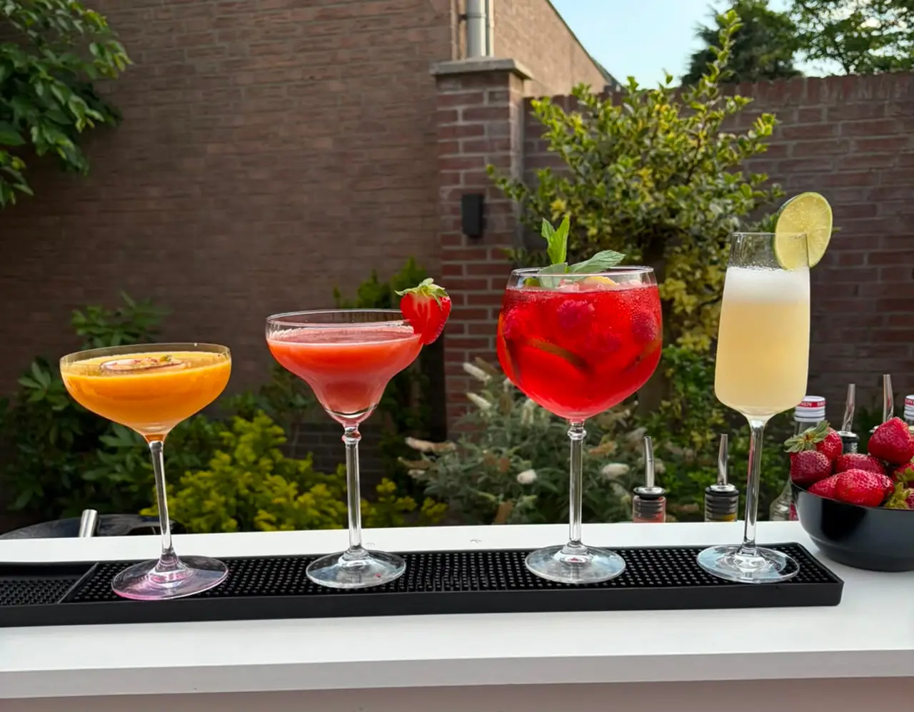 Vier afgemaakte cocktails naast elkaar op de bar, met verse aardbeien ernaast